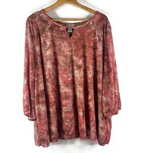 Catherines Womens Pink Top Blouse Size 3X Keyhole Neckline 3/4 Sleeve Geometric